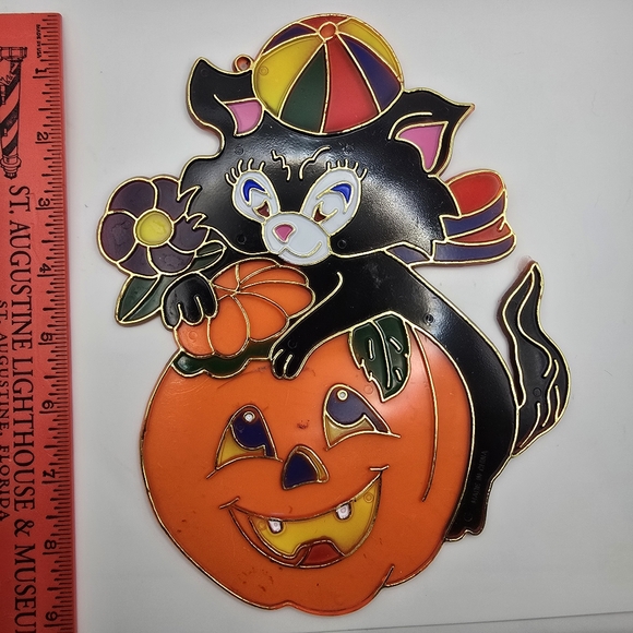 Vintage Halloween Window Hanging Black Cat Pumpkin Jack Approx 9"x7" W - Picture 2 of 4